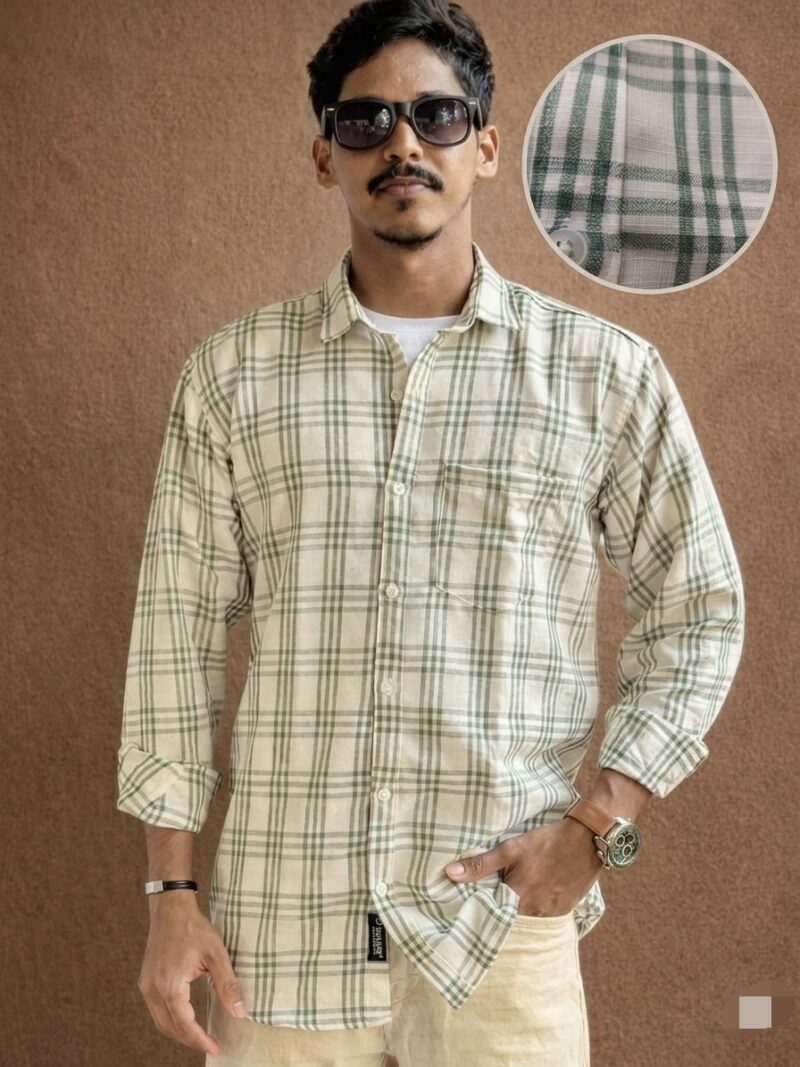 Men,s Sage Green Korean Linen Check Shirt -buy Online India