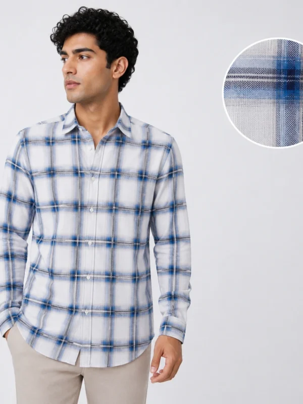 Men’s Full Sleeve Checkered Shirt - Light Blue & White Pattern - Premium Fabric Men’s Full Sleeve Checkered Shirt - Light Blue & White Pattern - Premium Fabric
