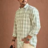 Men,s Sage Green Korean Linen Check Shirt -buy Online India