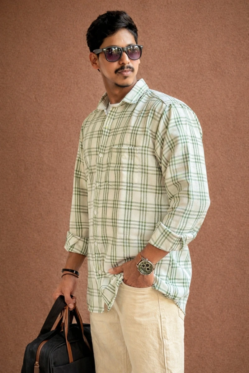 Men,s Sage Green Korean Linen Check Shirt -buy Online India