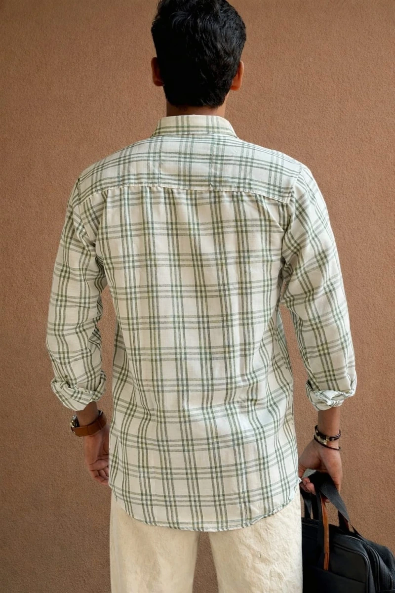 Men,s Sage Green Korean Linen Check Shirt -buy Online India