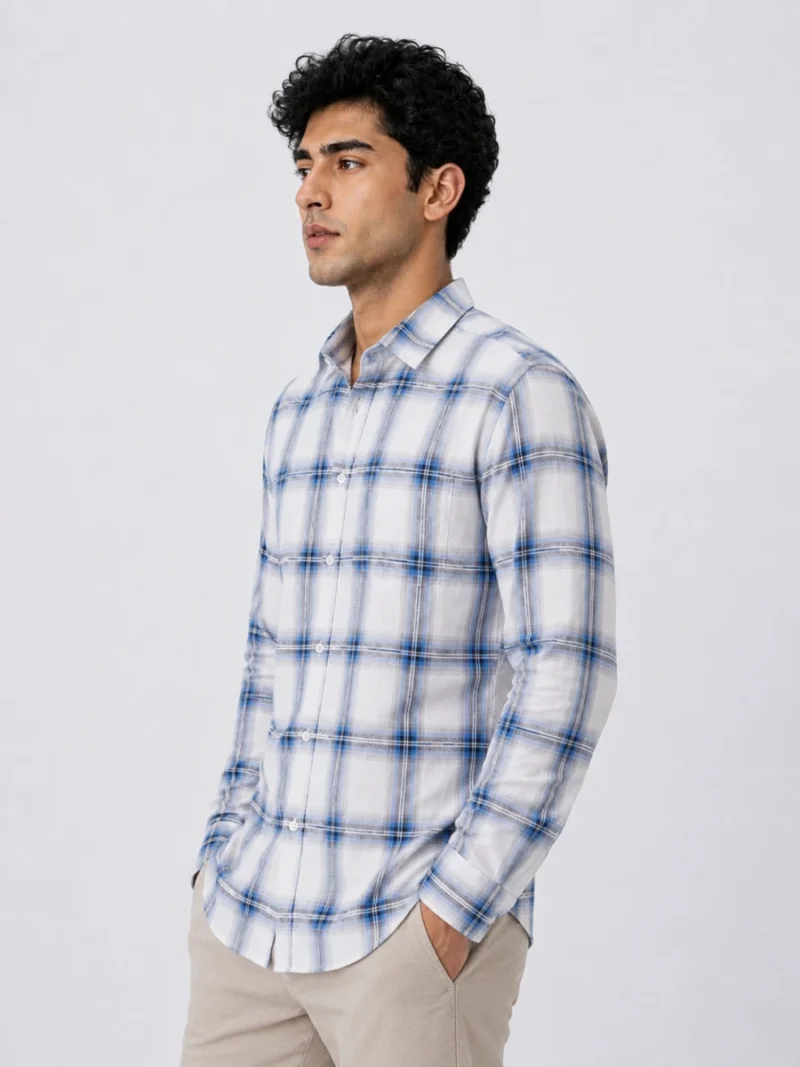 Men’s Full Sleeve Checkered Shirt - Light Blue & White Pattern - Premium Fabric Men’s Full Sleeve Checkered Shirt - Light Blue & White Pattern - Premium Fabric
