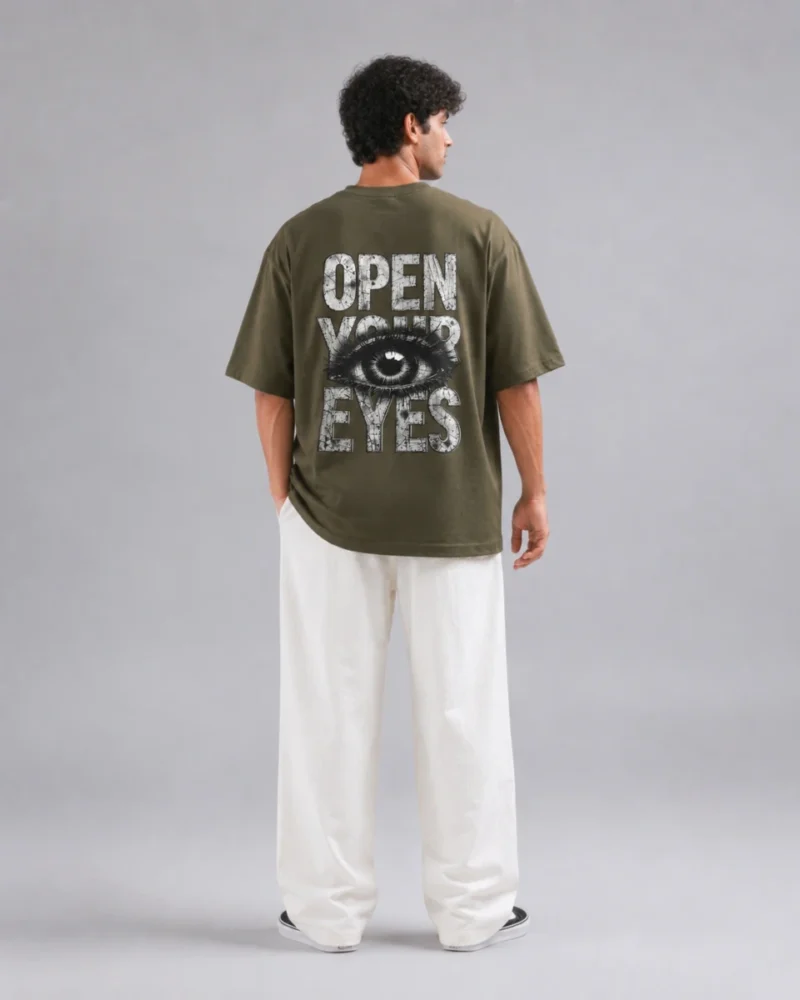 Open Your Eyes" – Premium Olive Green Oversized Graphic T-Shirt