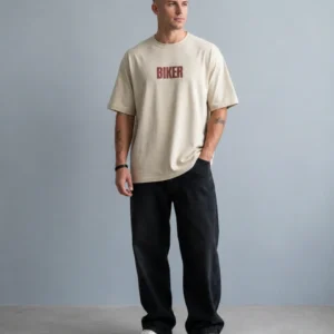 BIKER" – Premium Beige Oversized Graphic T-Shirt