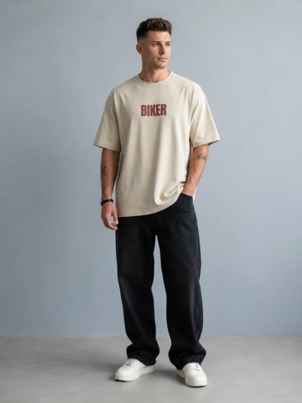 BIKER" – Premium Beige Oversized Graphic T-Shirt