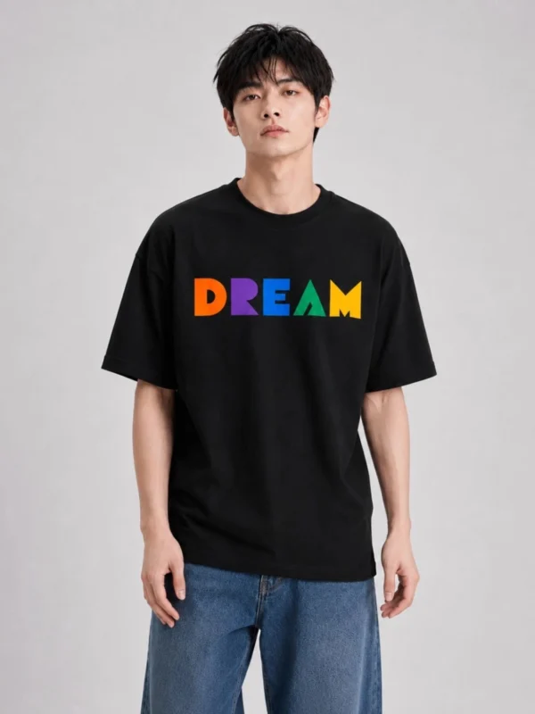 DREAM" Colorful Typography Oversized T-Shirt | Comfort Fit Black Cotton Tee for Men