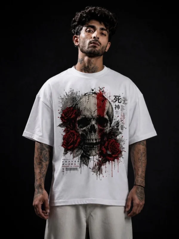 Draven "Reborn in Chaos" Skull & Roses Oversized T-Shirt | Comfort Fit White Cotton Tee for Men
