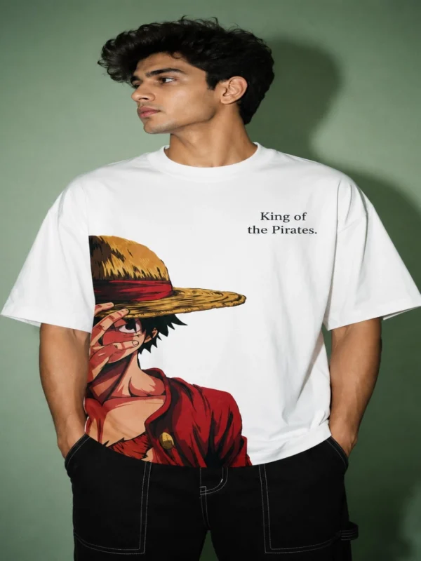 King of the Pirates" Anime Straw Hat Graphic Oversized T-Shirt | Comfort Fit White Cotton Tee for Men