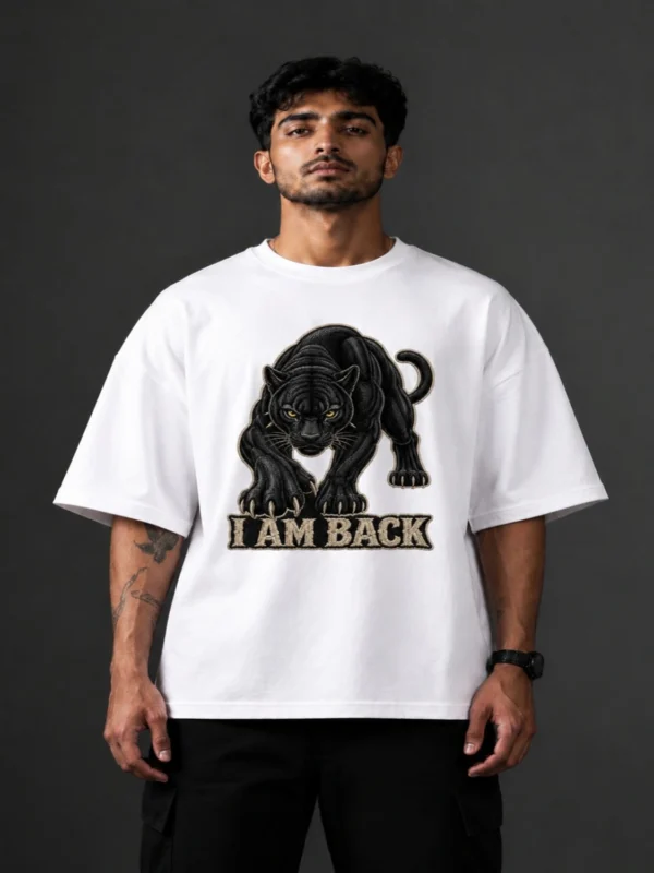 "I Am Back" Black Panther Oversized T-Shirt | White Cotton Streetwear Tee (DTF Print)