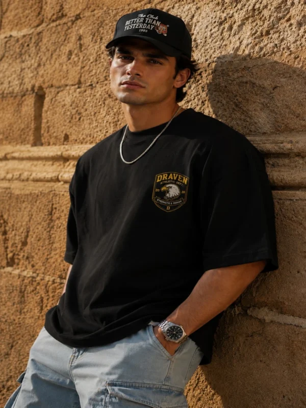 Men's Oversized Black T-Shirt with Eagle Graphic Print – Pure Cotton, Comfortable Fit