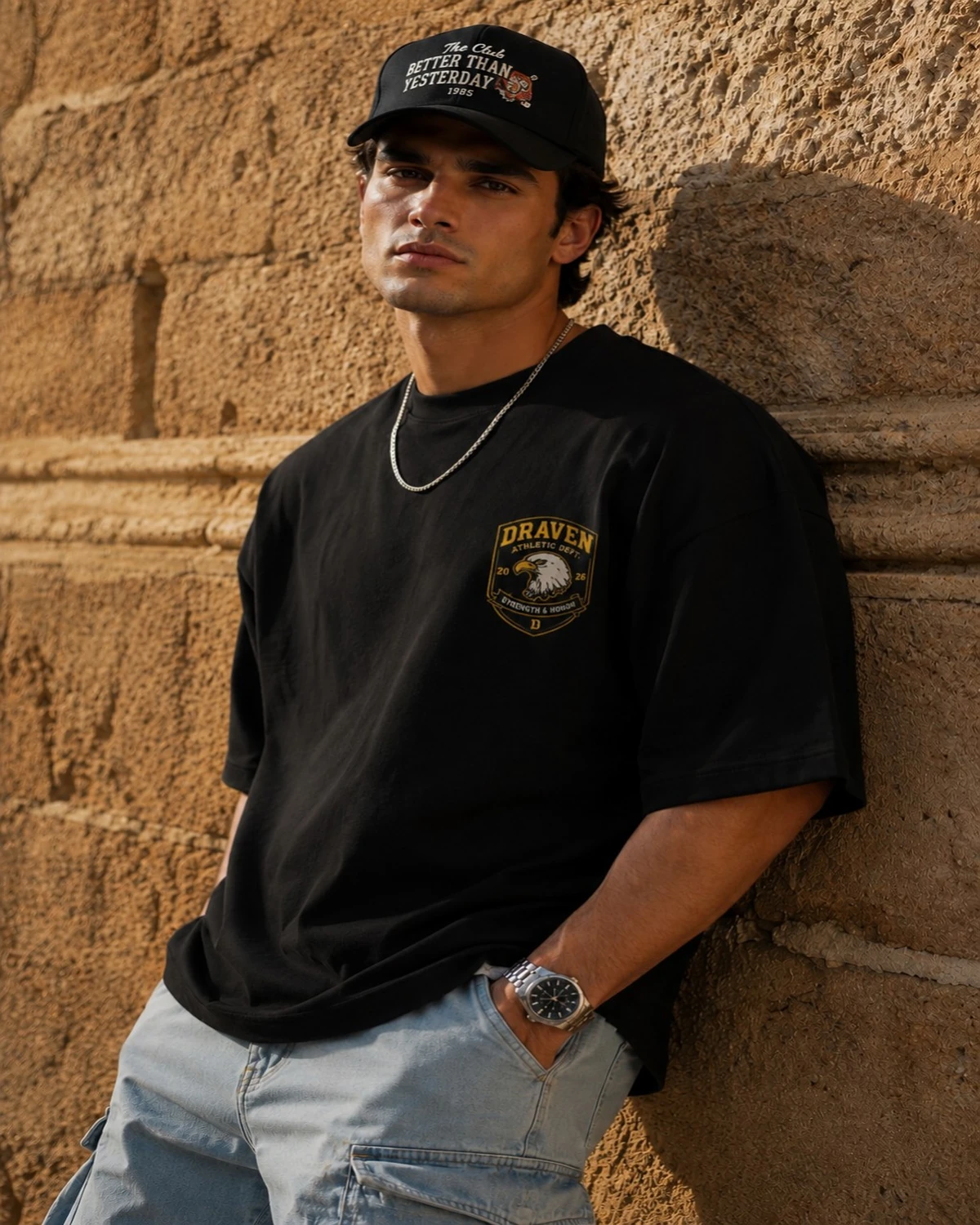 Men's Oversized Black T-Shirt with Eagle Graphic Print – Pure Cotton, Comfortable Fit