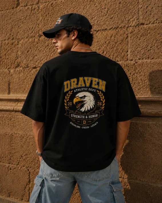 Men's Oversized Black T-Shirt with Eagle Graphic Print – Pure Cotton, Comfortable Fit