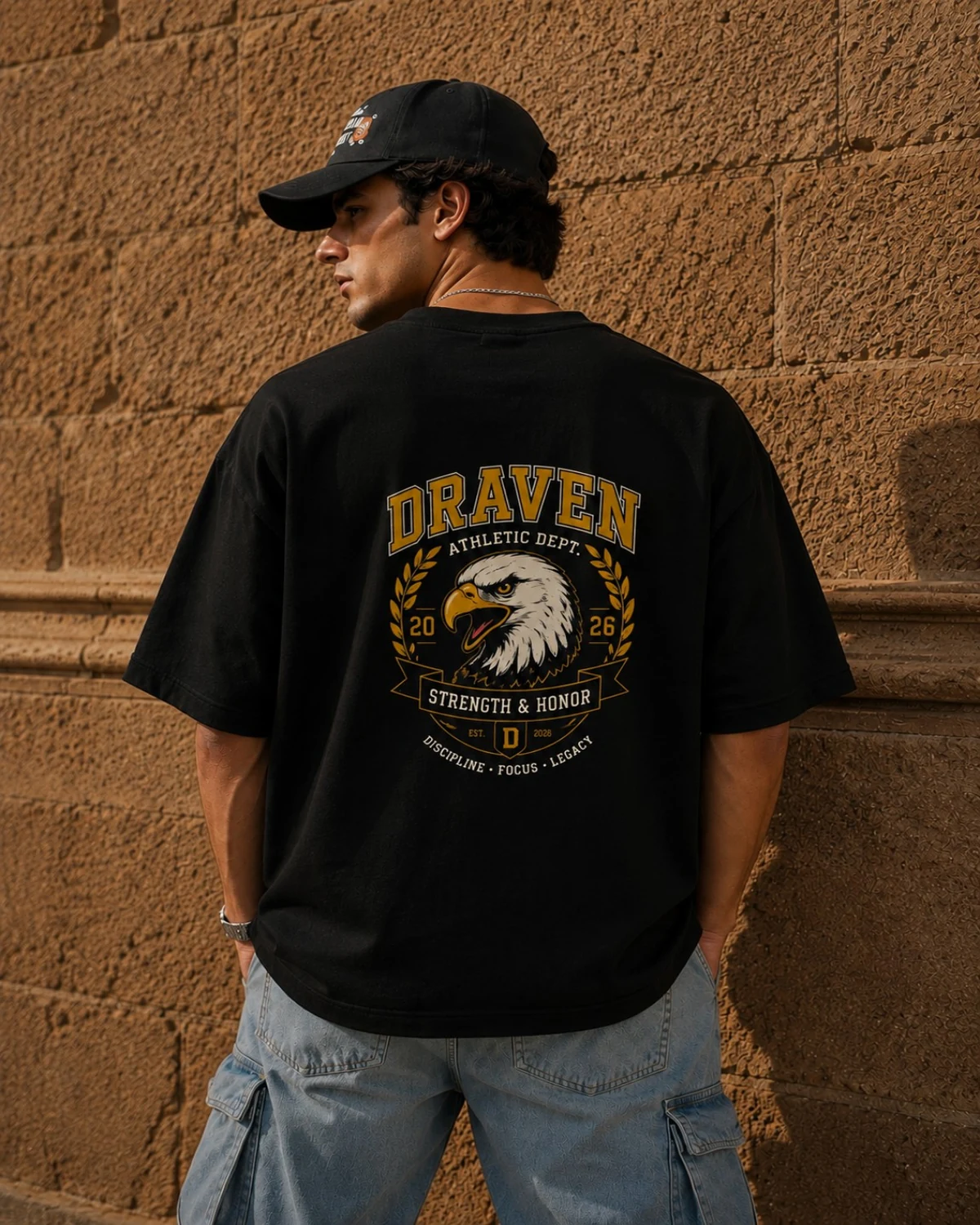 Men's Oversized Black T-Shirt with Eagle Graphic Print – Pure Cotton, Comfortable Fit