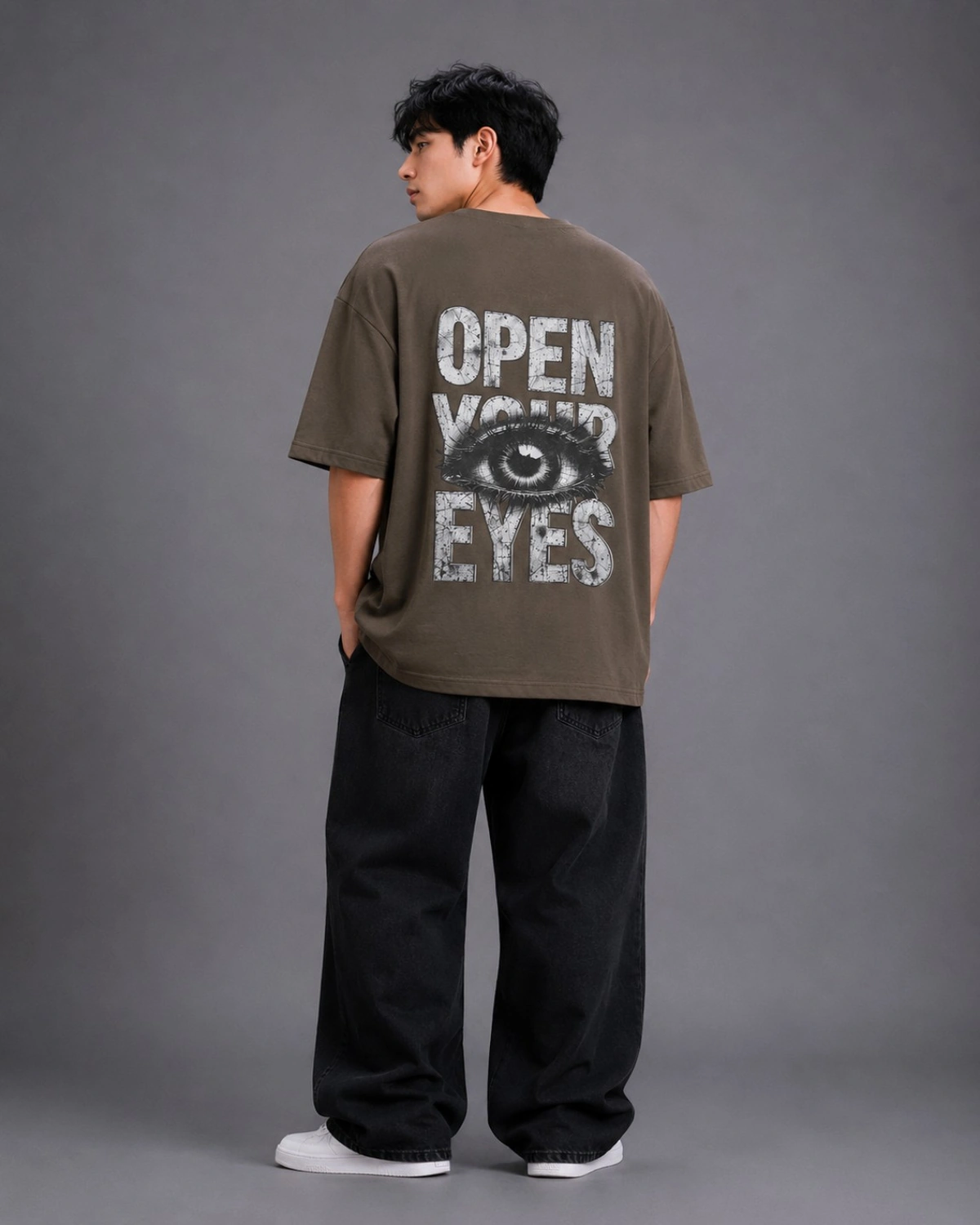 Men's Open Your Eyes Printed Oversized T-Shirt – Pure Cotton, Olive Brown