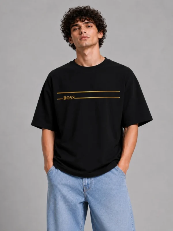 Oversized Black Cotton T-Shirt with Gold Stripe Print