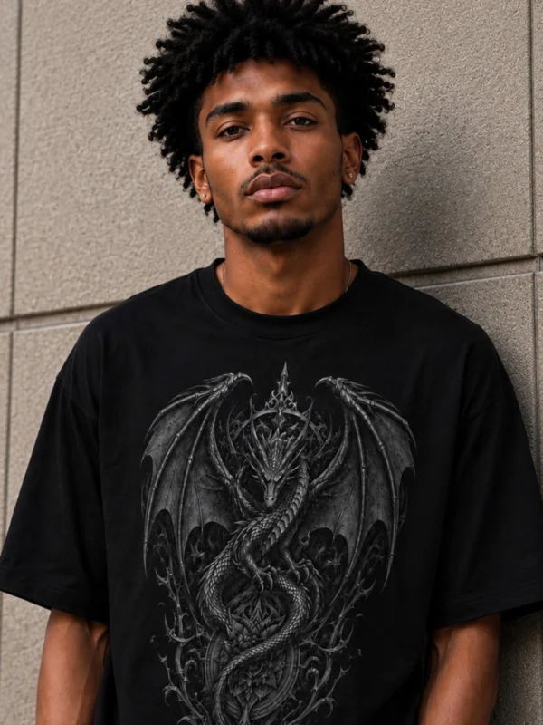 Draven Oversized Dragon Print T-Shirt | Comfort Fit Black Cotton Tee for Men