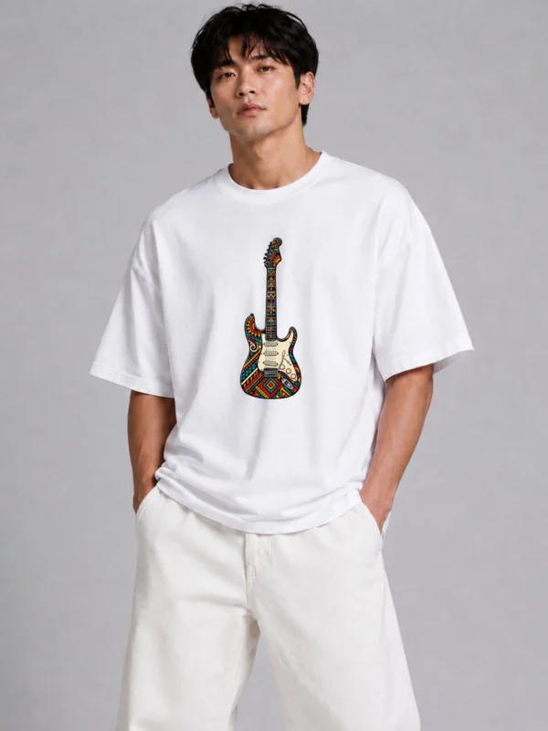 Aztec Guitar Graphic Oversized T-Shirt – White Cotton Comfort Tee