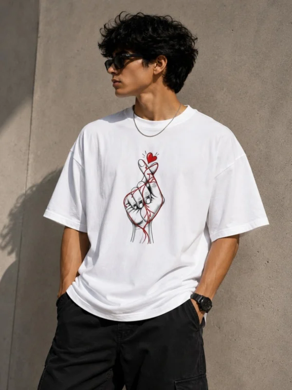 Finger Heart Graphic Oversized T-Shirt for Men | Korean Love Sign Print Tee | 240 GSM Heavy Cotton | White