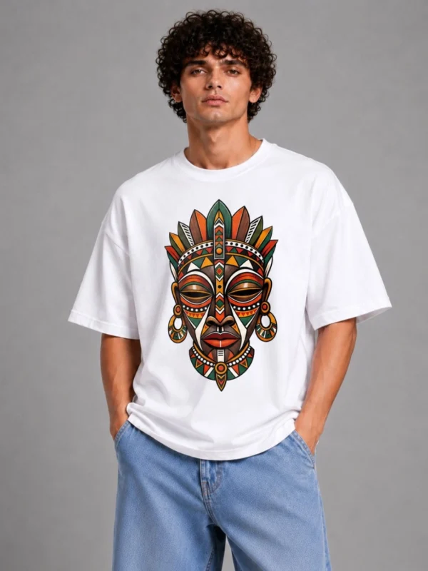 Tribal Mask Graphic Oversized T-Shirt – White Cotton Comfort Tee