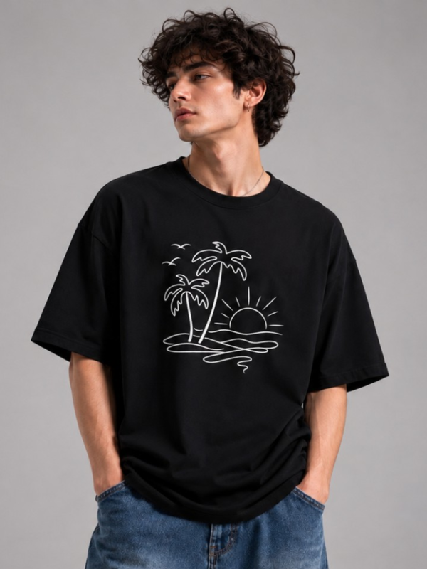 Oversized Cotton T-Shirt – Blue Sunrise Mountain Line Art Graphic Tee, Unisex
