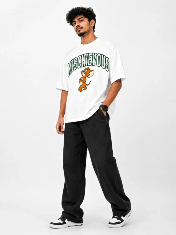 Men's Oversized White T-Shirt with Cartoon Graphic Print – Pure Cotton, Comfortable Fit