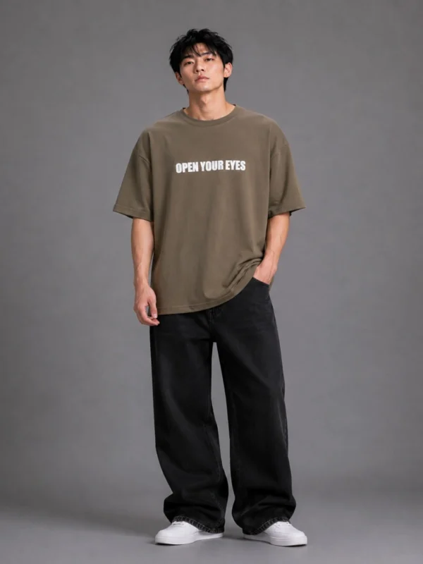 Men's Open Your Eyes Printed Oversized T-Shirt – Pure Cotton, Olive Brown