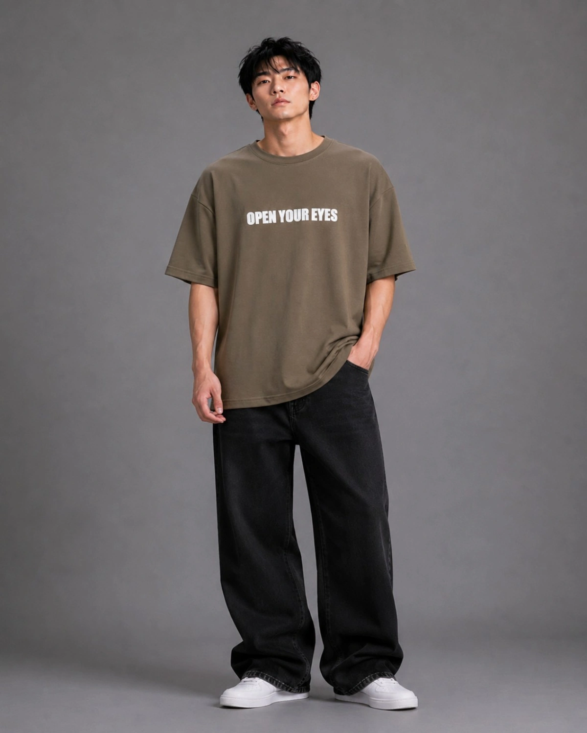 Men's Open Your Eyes Printed Oversized T-Shirt – Pure Cotton, Olive Brown
