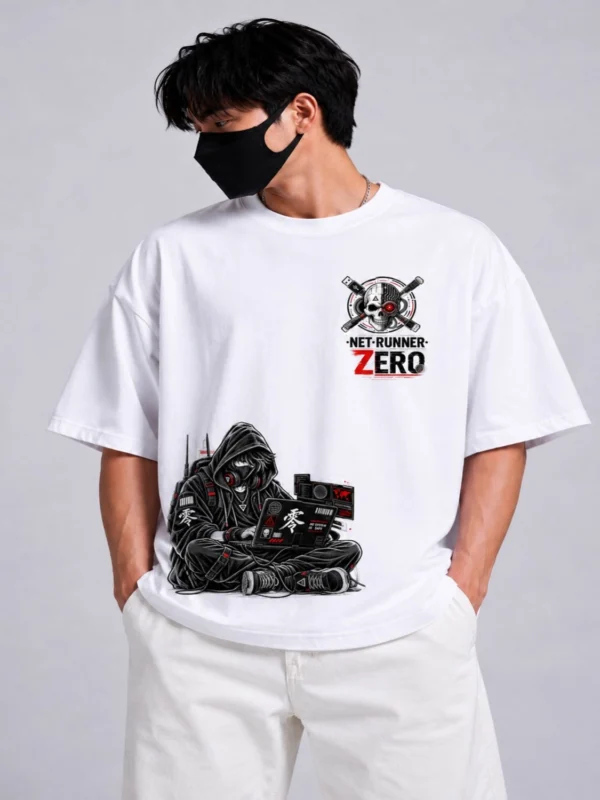 Net Runner Zero Cyberpunk Hacker Graphic Oversized T-Shirt – White Cotton Comfort Tee