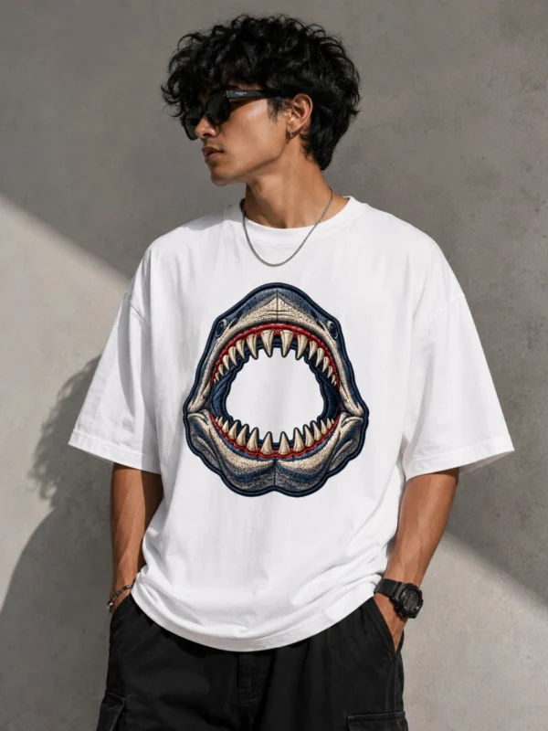Shark Bite Embroidered Oversized T-Shirt for Men | White Streetwear Tee | 240 GSM Heavy Cotton