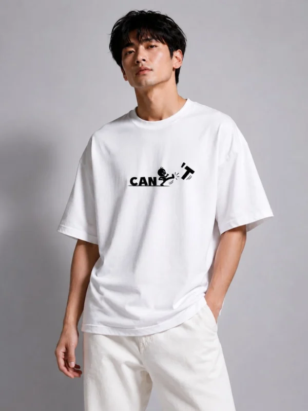 DRAVEN "Can't" Typography Oversized T-Shirt for Men | White Cotton Comfort Fit Tee | 240 GSM DTF Print