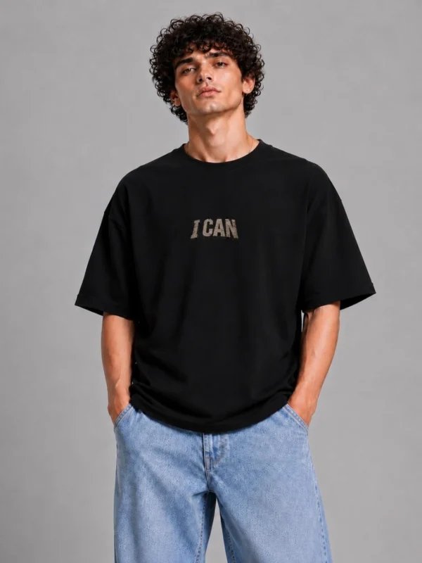 Oversized Black T-Shirt with "I CAN" Boxer Graphic Back Print – Cotton Comfort Fit