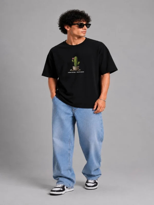 Oversized Black T-Shirt with "Strong Outside, Sensitive Inside" Cactus Graphic Print – Cotton Comfort Fit