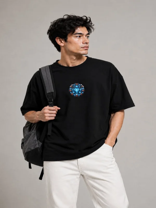 Oversized Black T-Shirt with Futuristic Energy Core Graphic Print – Cotton Comfort Fit
