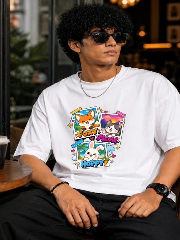 Foxy Meow Hoppy Graphic Oversized T-Shirt – Premium Cotton Drop Shoulder Tee for Men & Women