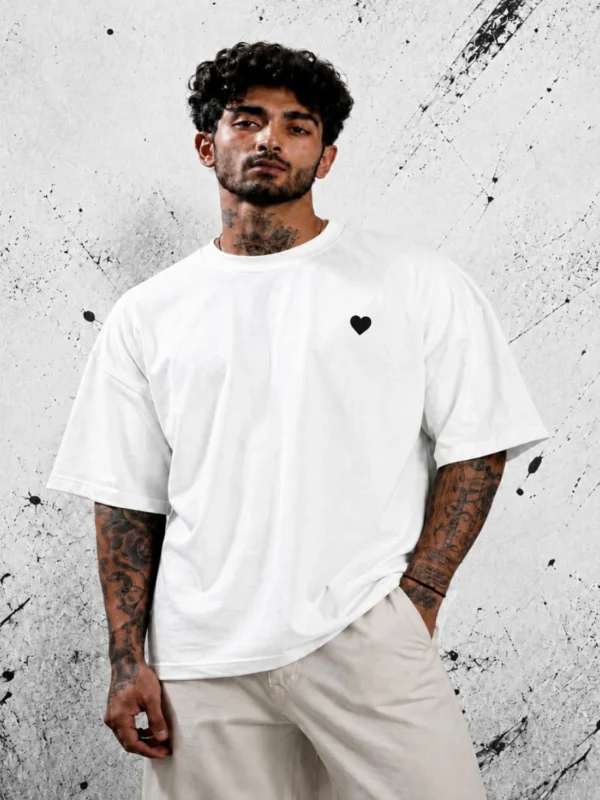 Oversized Heart Print White T-Shirt with "Problems" Couple Graphic Back Print