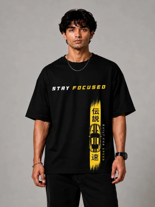 DRAVEN "Stay Focused" JDM Racing Print Oversized T-Shirt for Men | Black Cotton Comfort Fit Tee | 240 GSM DTF Print