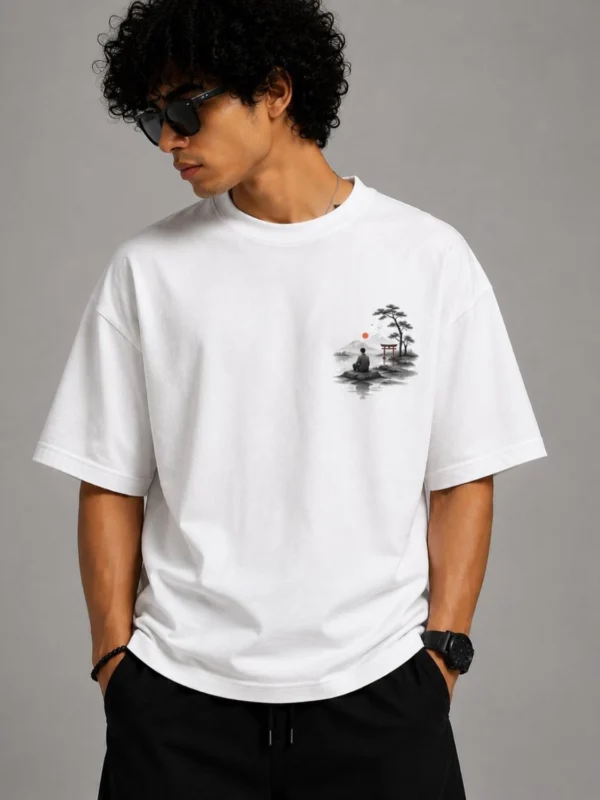 DRAVEN "Find Yourself in the Silence" Japanese Zen Print Oversized T-Shirt for Men | White Cotton Comfort Fit Tee | 240 GSM DTF Print