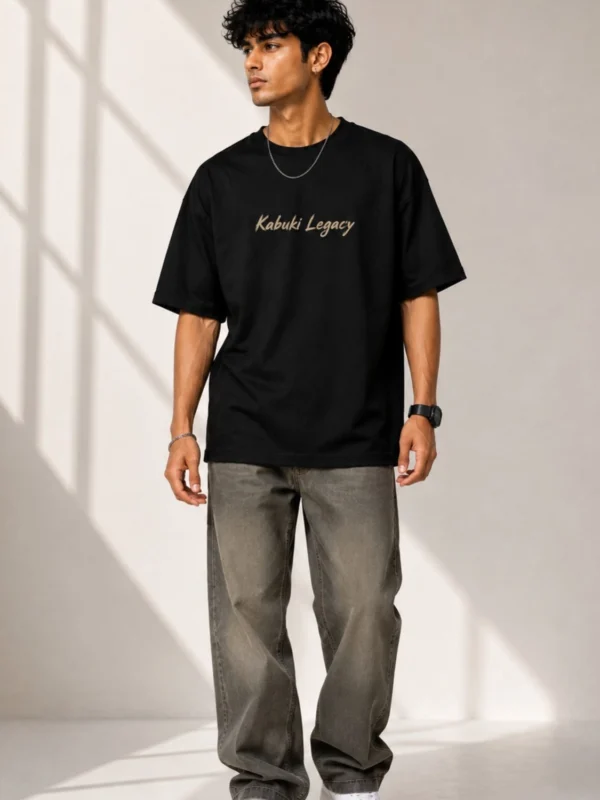 DRAVEN "Kabuki Legacy" Japanese Art Print Oversized T-Shirt for Men | Black Cotton Comfort Fit Tee | 240 GSM DTF Print