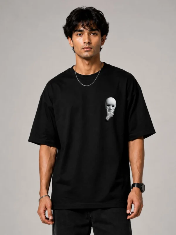 DRAVEN "Trust No One" Mask Print Oversized T-Shirt for Men | Black Cotton Comfort Fit Tee | 240 GSM DTF Print