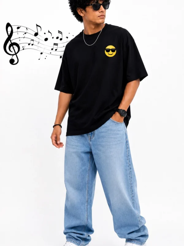 DRAVEN "It's OK Dude" Smiley Print Oversized T-Shirt for Men | Black Cotton Comfort Fit Tee | 240 GSM DTF Print